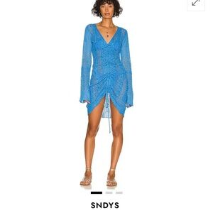 SNDYS Fate Blue Mini knit crochet Cotton Dress with ruched drawstring size Med.